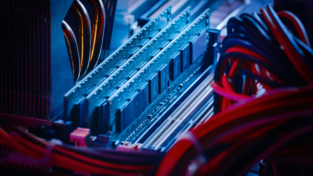 Close-up Macro Shot of Installed RAM Memory in Computer Motherboard Slot. 