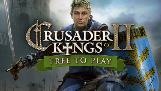 Banner of game Crusader Kings where the character standing holding shield and sword in hands