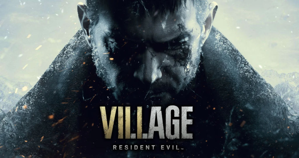 Cover image of resident evil village game, close up of man standing looking down while its snowing