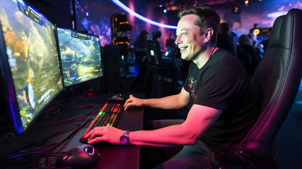 Elon Musk playing video game during a live gaming tournament