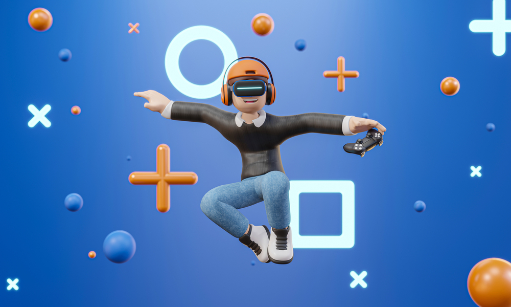 Animated guy jumping in the air while holding gaming console in one hand and wearing headphone and VR glasses of gaming