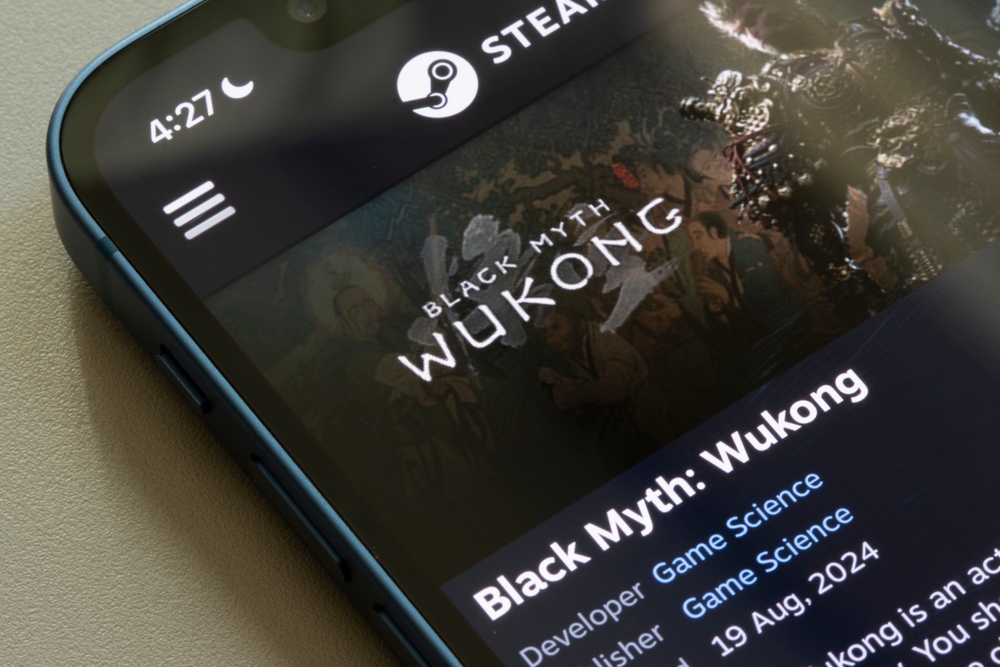 Webpage of "Black Myth: Wukong," an action RPG rooted in Chinese mythology developed and published by Game Science, is seen on the Steam website on an iPhone.