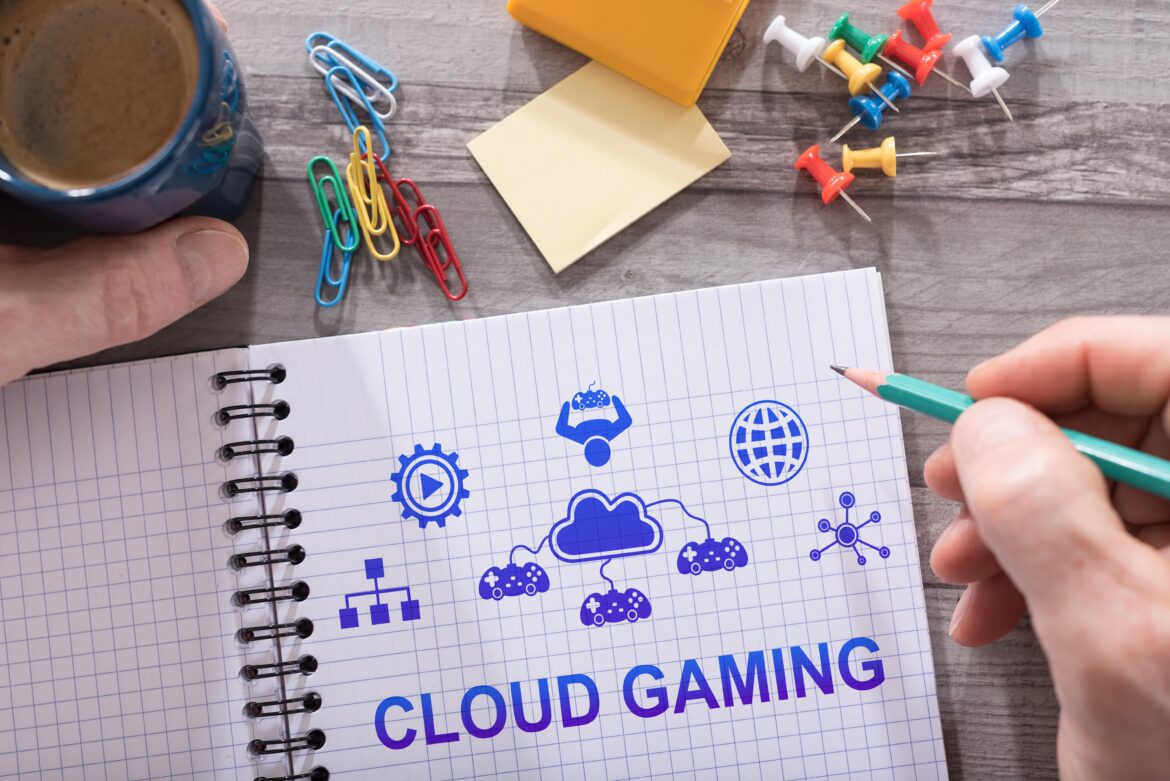 Cloud gaming concept drawn on a notepad placed on a desk
