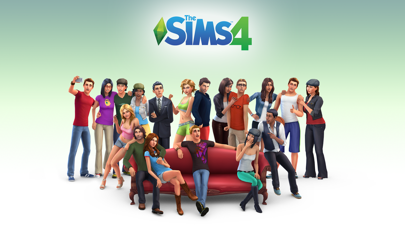 Cover image of The Sims 4 game where all the characters of the game standing behind the sofa and few sitting on the sofa